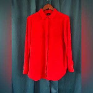 Mossimo Blouse Top Women Orange Red Button Front Roll Tab Sleeve Collared
